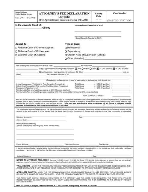 Form AFD-4 Attorney's Fee Declaration (Juvenile) for Appointments Made on or After 6/14/2011 - Alabama