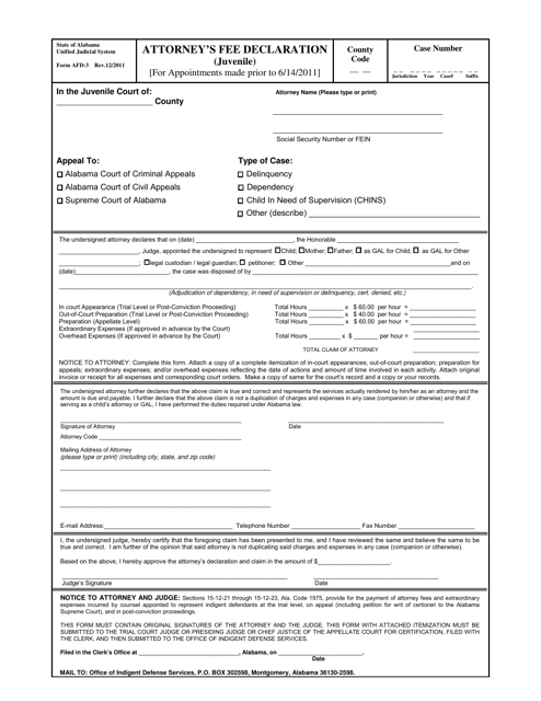 Form AFD-3 Attorney's Fee Declaration (Juvenile) for Appointments Made Prior to 6/14/2011 - Alabama