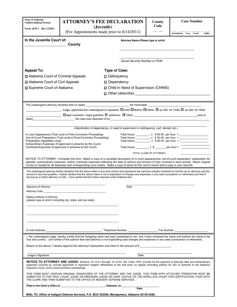 Form AFD-3 Attorneys Fee Declaration (Juvenile) for Appointments Made Prior to 6 / 14 / 2011 - Alabama, Page 1