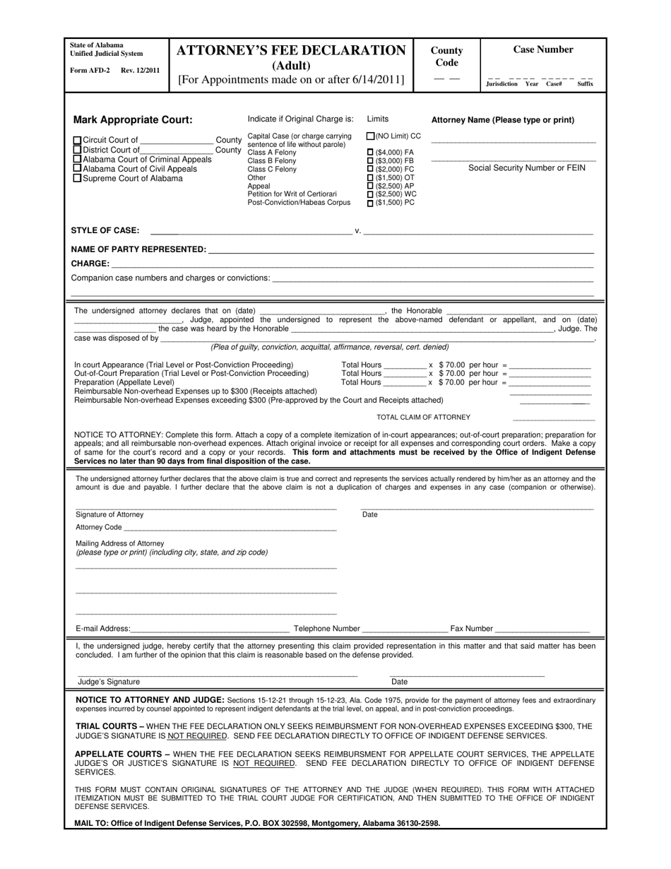 Form AFD-2 Attorneys Fee Declaration (Adult) for Appointments Made on or After 6 / 14 / 2011 - Alabama, Page 1