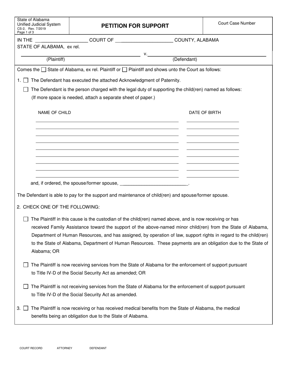 Form CS-2 Petition for Support - Alabama, Page 1