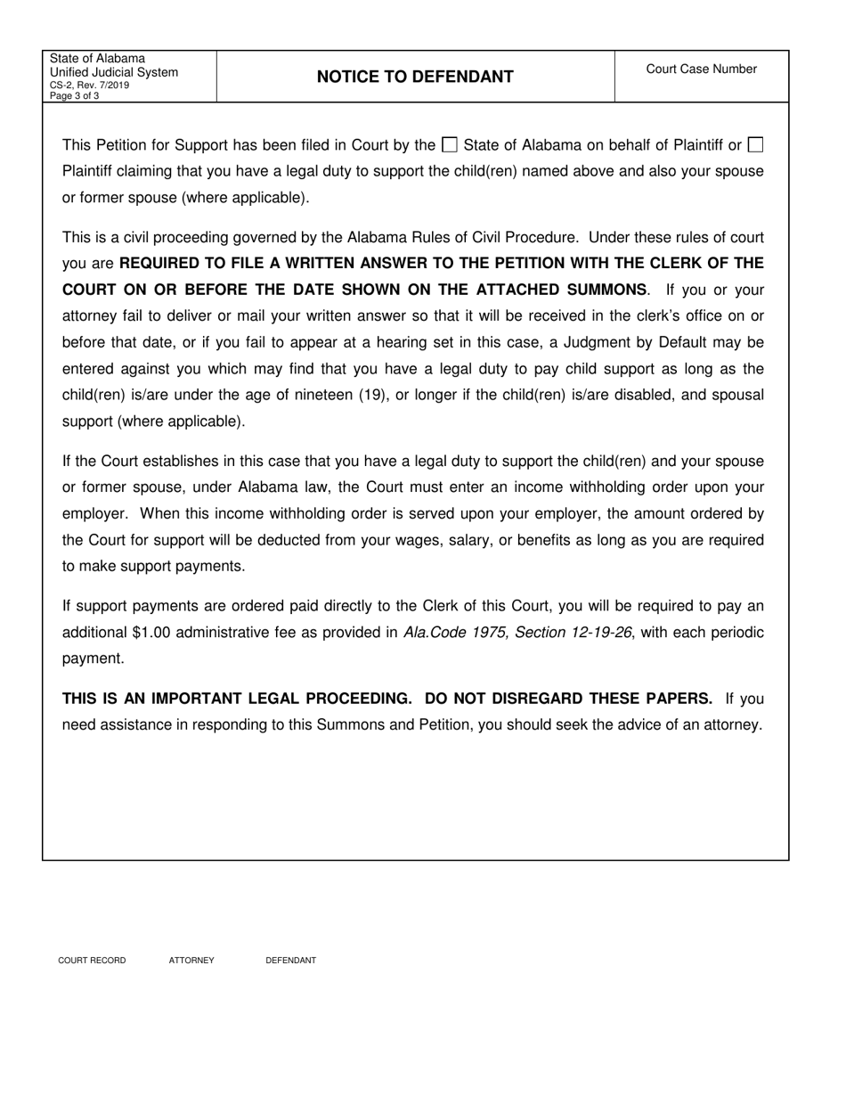 Form CS-2 Petition for Support - Alabama, Page 3