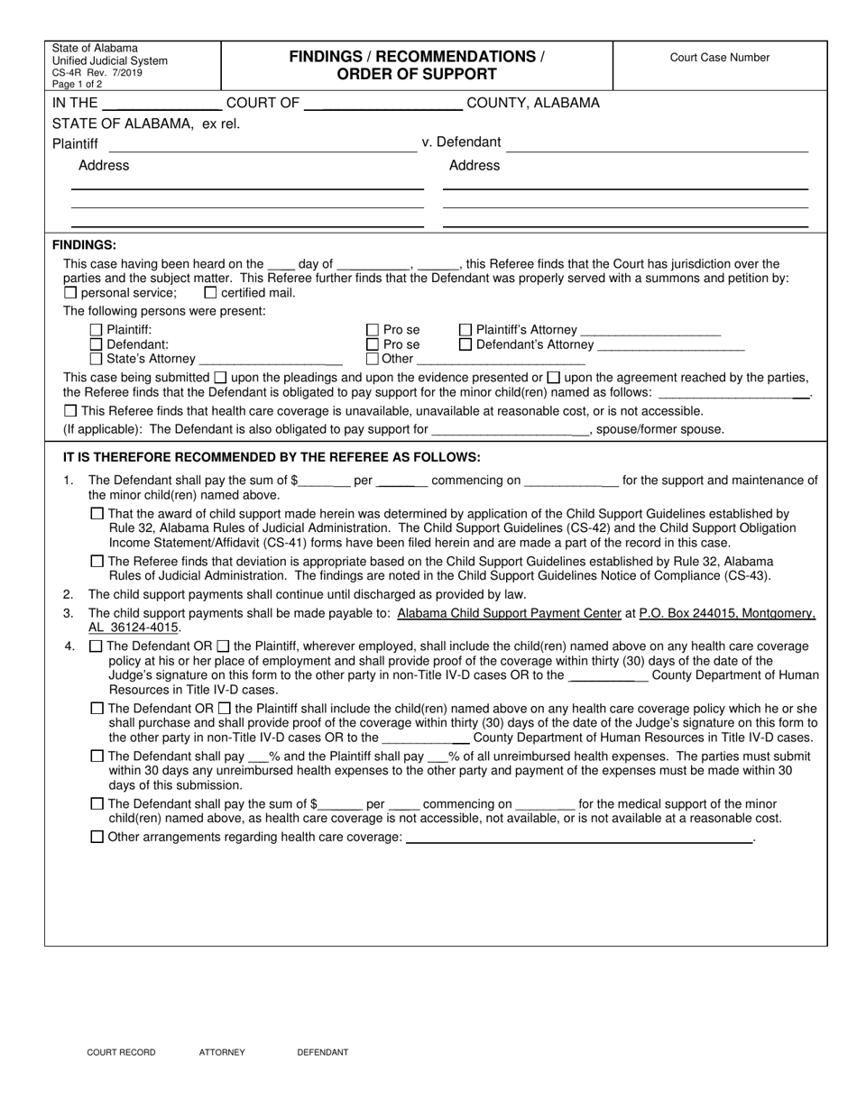 Form CS-4R Findings / Recommendations / Order of Support - Alabama, Page 1