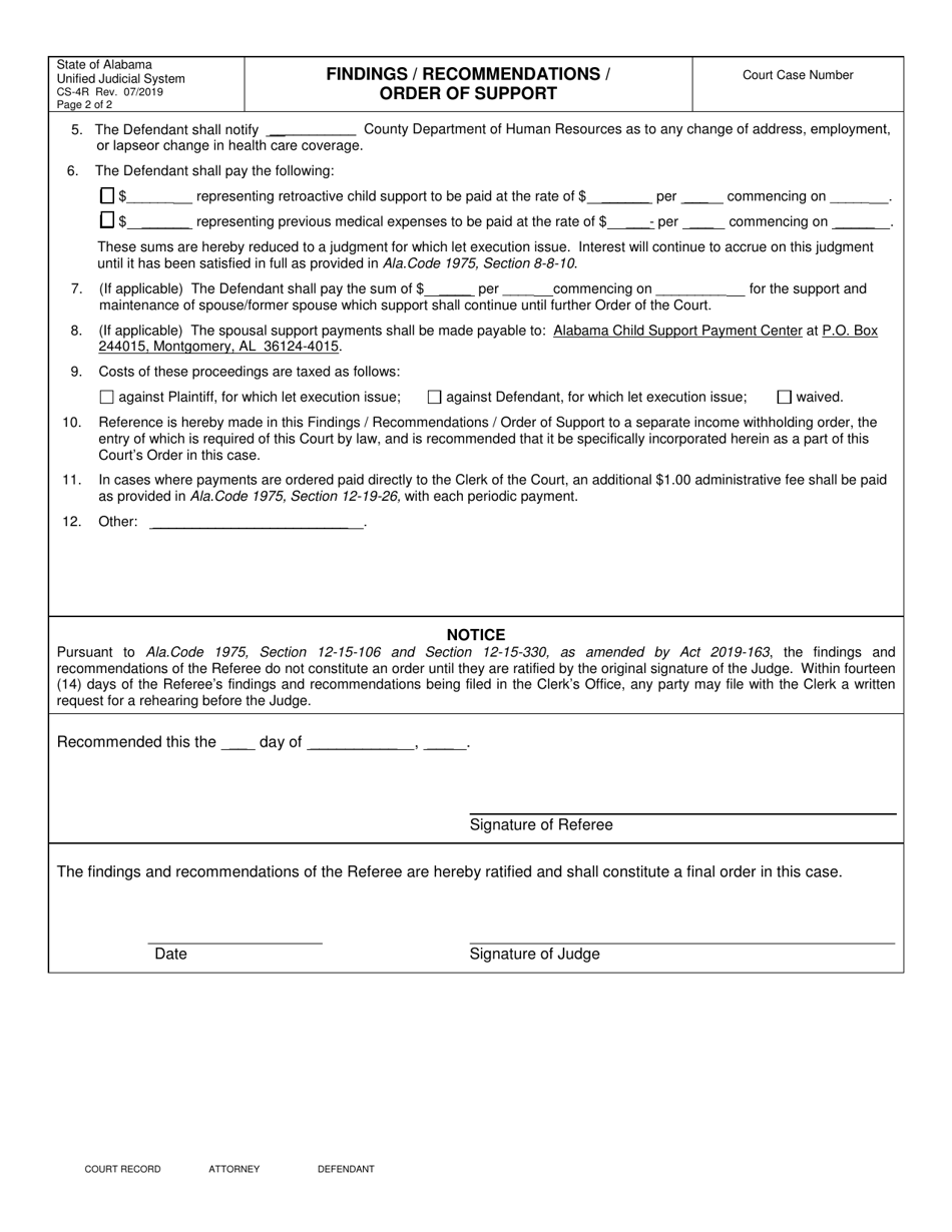 Form CS-4R Findings / Recommendations / Order of Support - Alabama, Page 2