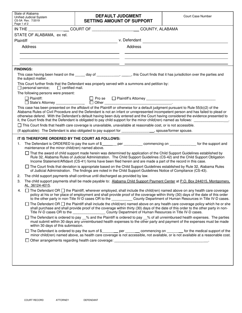 Form CS-5A Default Judgment Setting Amount of Support - Alabama, Page 1
