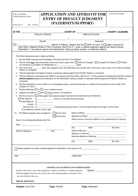 Form CS-5.1 Application and Affidavit for Entry of Default Judgment (Paternity/Support) - Alabama