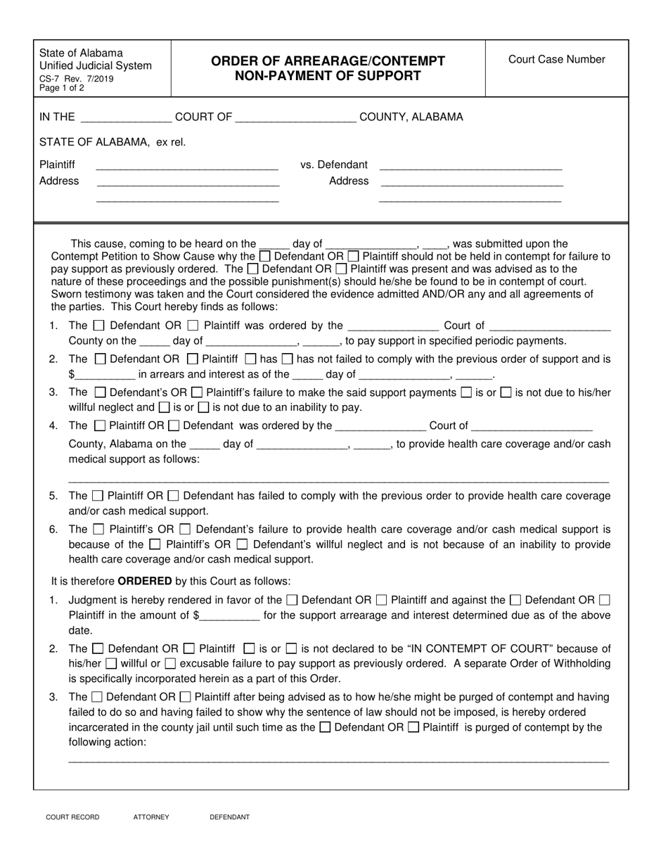Form CS-7 Order of Arrearage / Contempt Non-payment of Support - Alabama, Page 1
