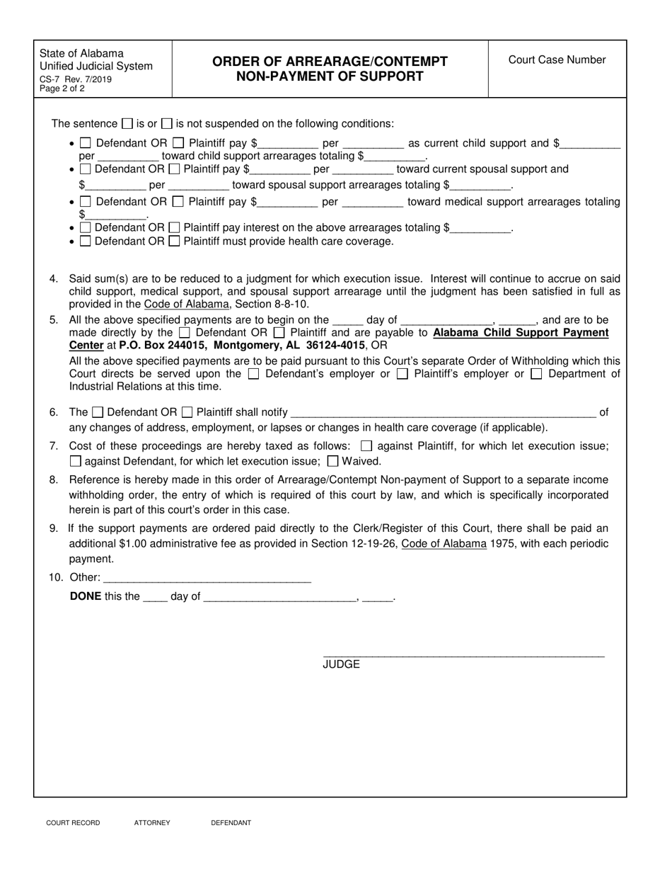 Form CS-7 Order of Arrearage / Contempt Non-payment of Support - Alabama, Page 2