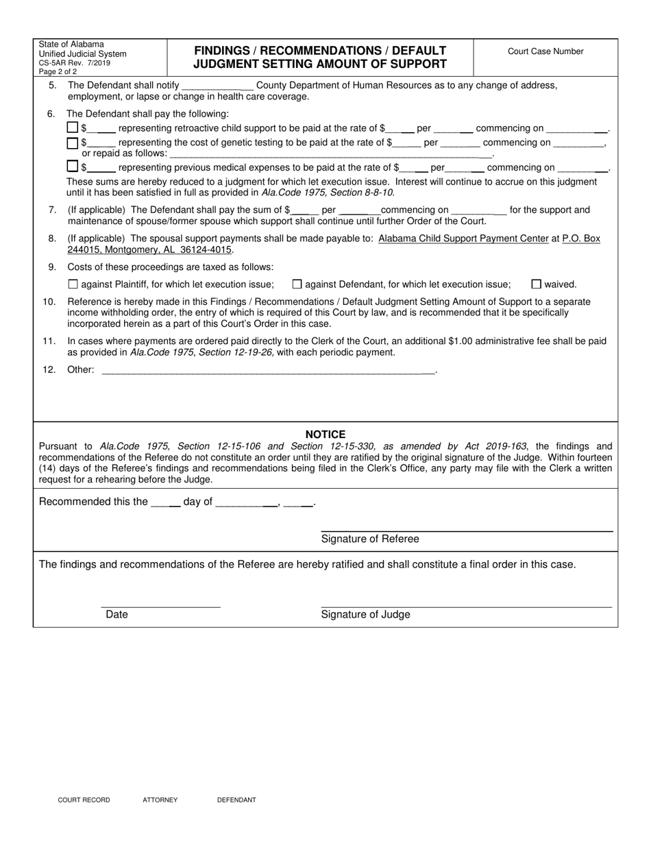Form CS-5AR Findings / Recommendations / Default Judgment Setting Amount of Support - Alabama, Page 2