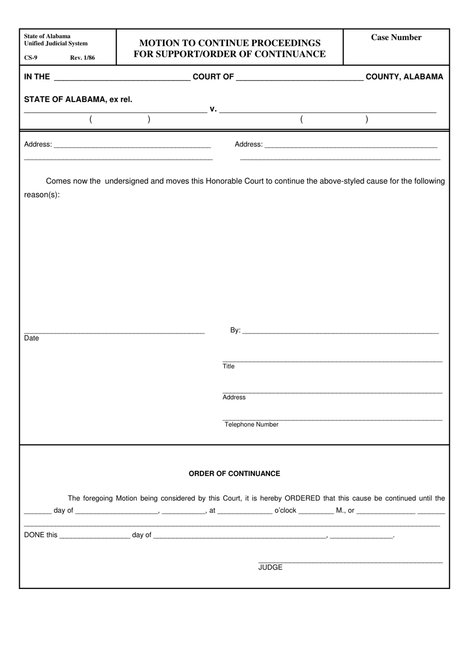 Form CS-9 Motion to Continue Proceedings for Support / Order of Continuance - Alabama, Page 1