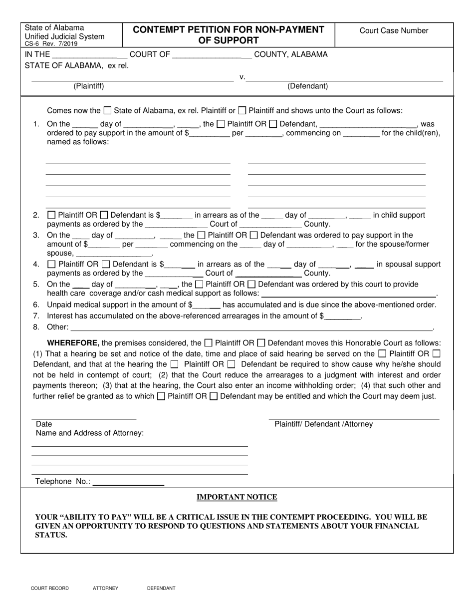 Form CS-6 Contempt Petition for Non-payment of Support - Alabama, Page 1