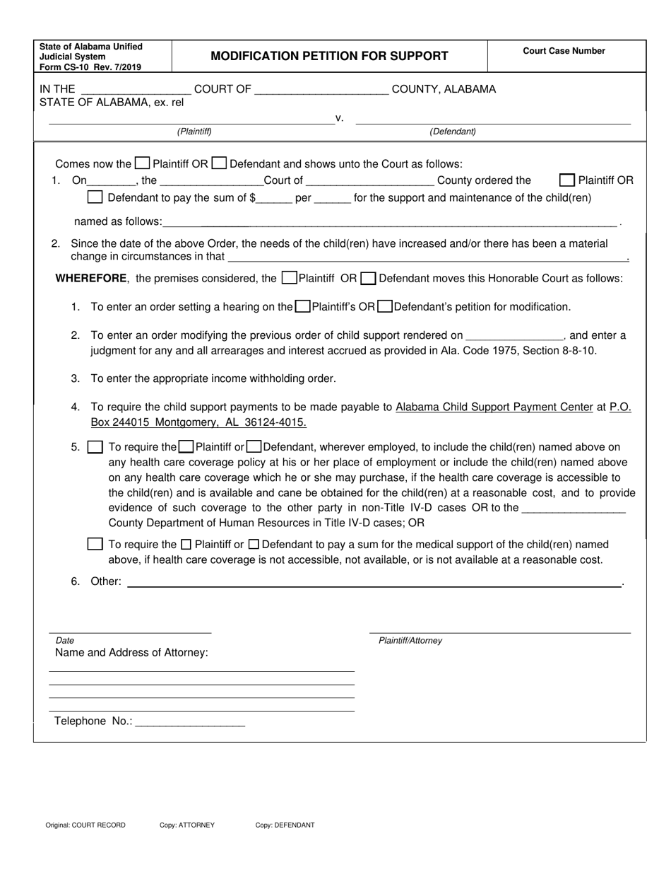 Form CS-10 Modification Petition for Support - Alabama, Page 1