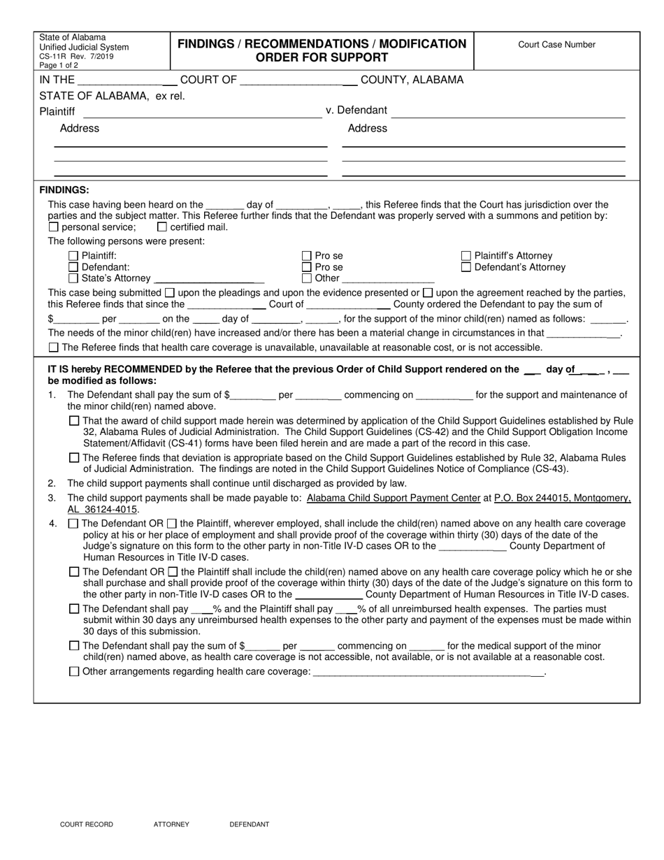 Form CS-11R Findings / Recommendations / Modification Order for Support - Alabama, Page 1