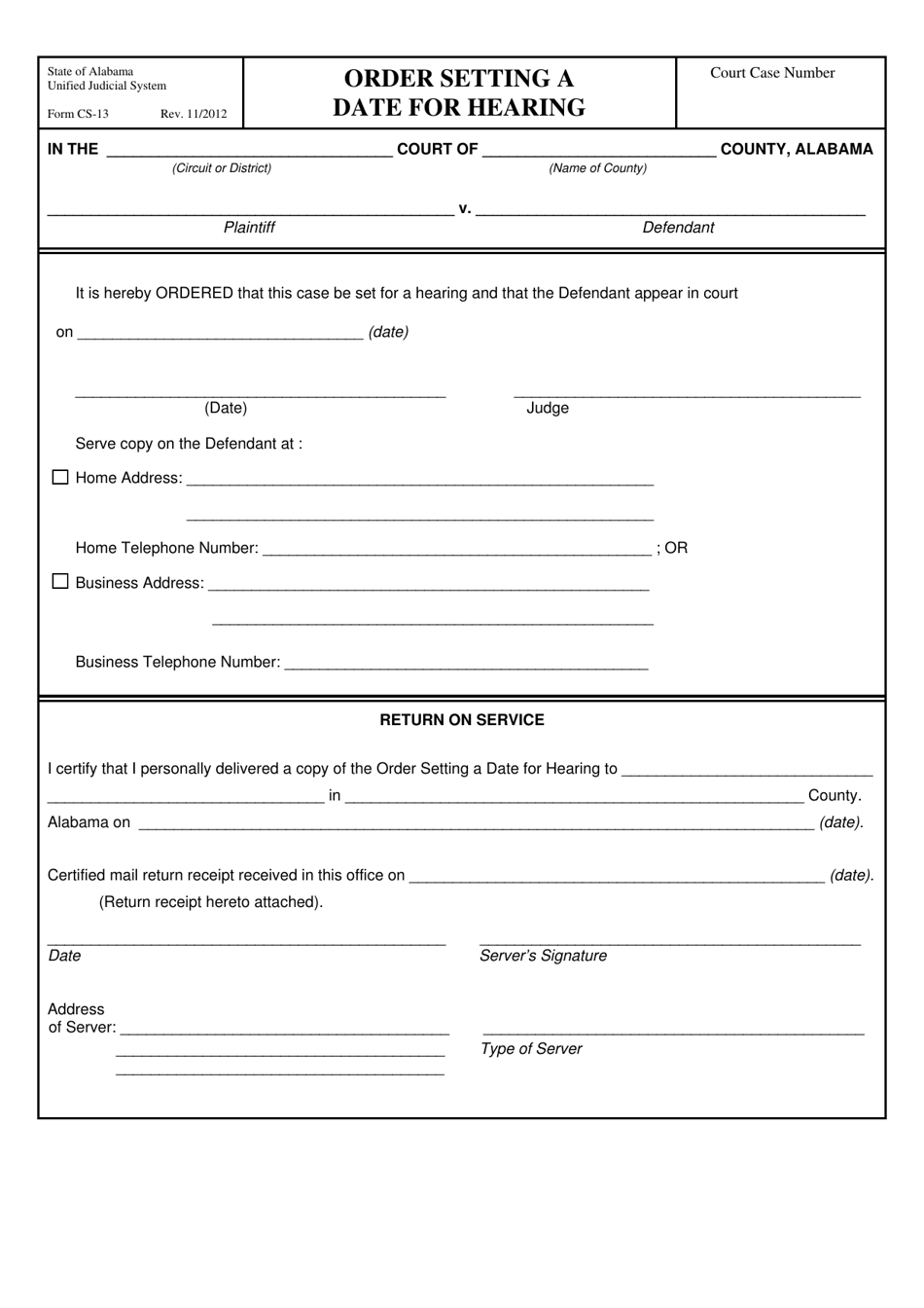 Form CS-13 Order Setting a Date for Hearing - Alabama, Page 1