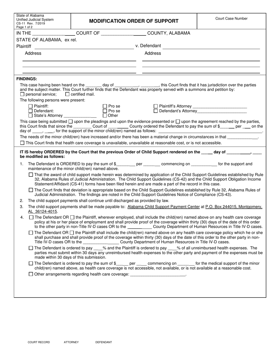 Form CS-11 Modification Order of Support - Alabama, Page 1