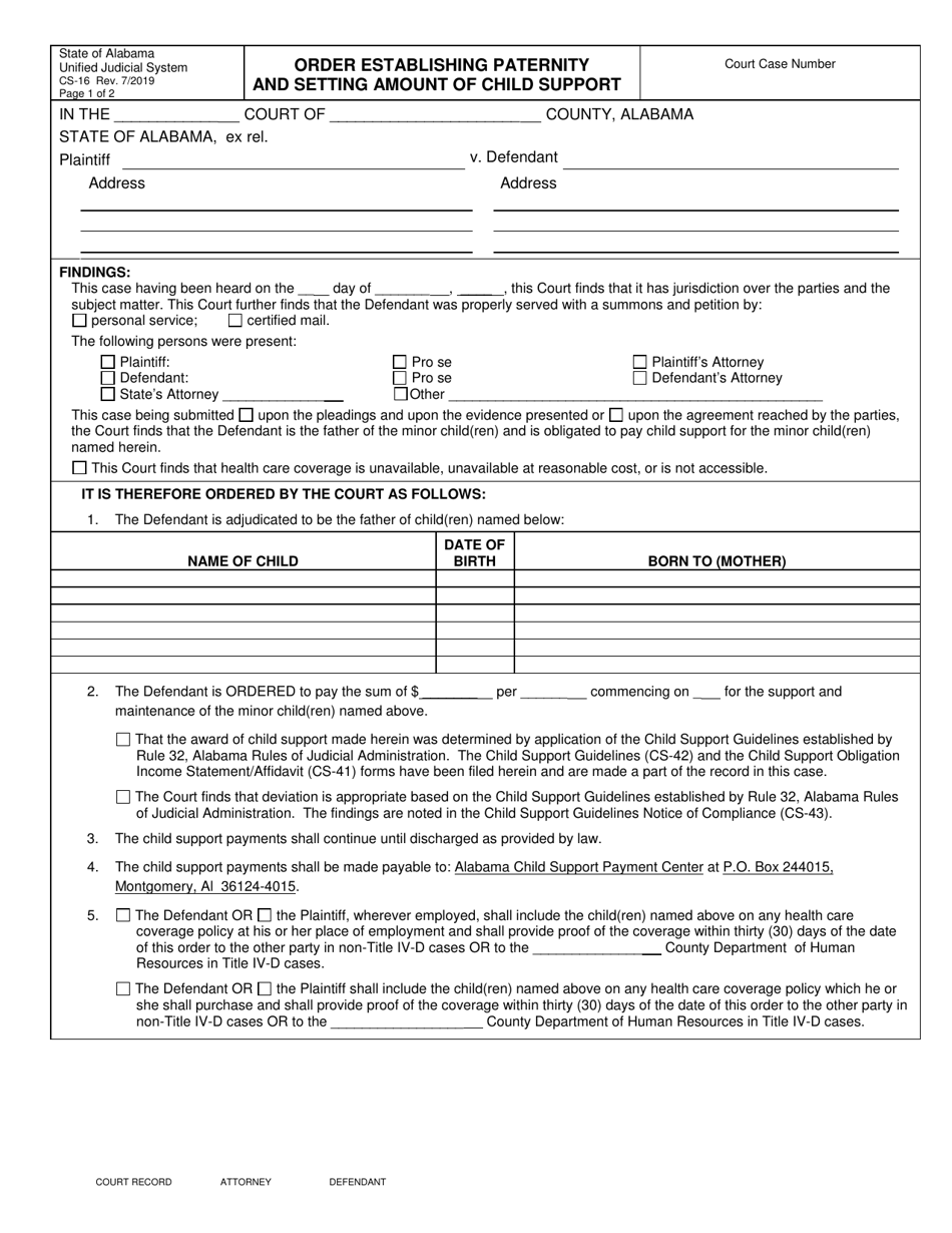 Form CS-16 Order Establishing Paternity and Setting Amount of Child Support - Alabama, Page 1
