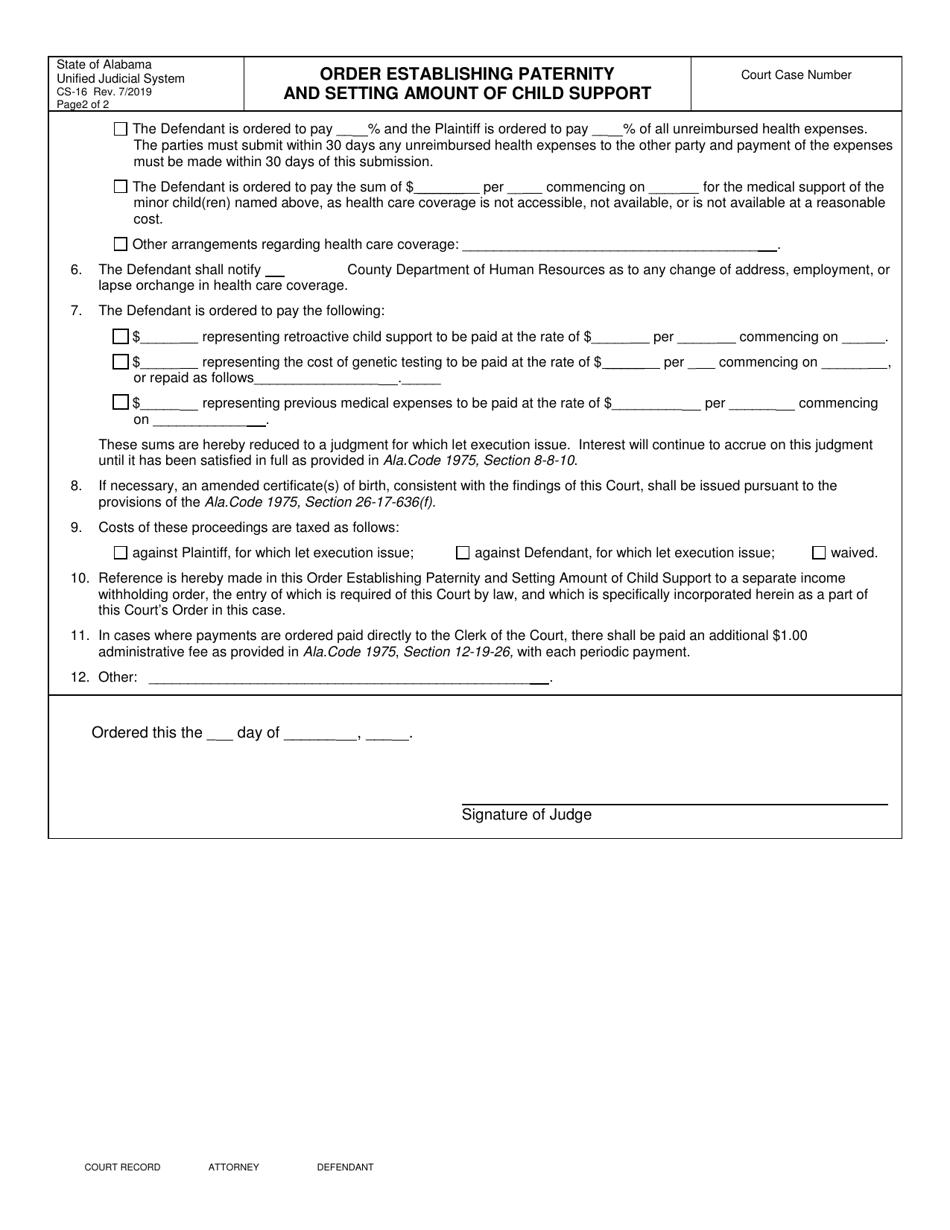Form CS-16 Order Establishing Paternity and Setting Amount of Child Support - Alabama, Page 2