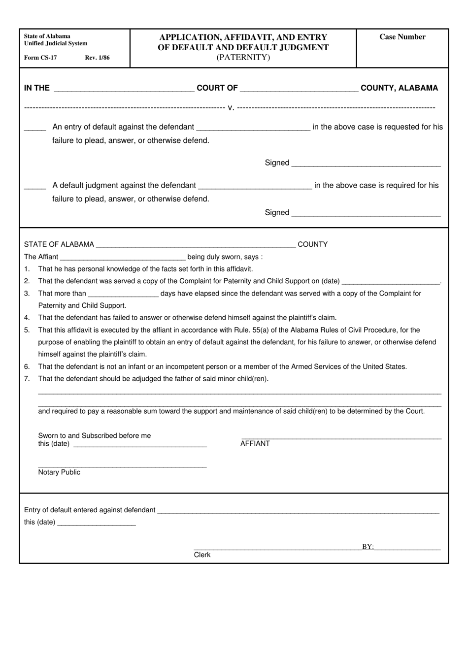 Form CS-17 Application, Affidavit, Entry of Default and Default Judgment (Paternity) - Alabama, Page 1
