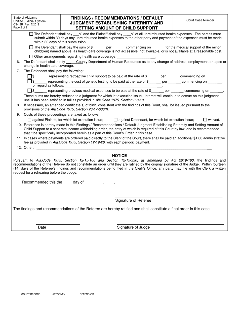 Form CS-18R Findings / Recommendations / Default Judgment Establishing Paternity and Setting Amount of Child Support - Alabama, Page 2