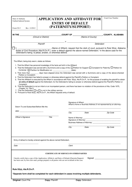 Form CS-05 Application and Affidavit for Entry of Default (Paternity/Support) - Alabama