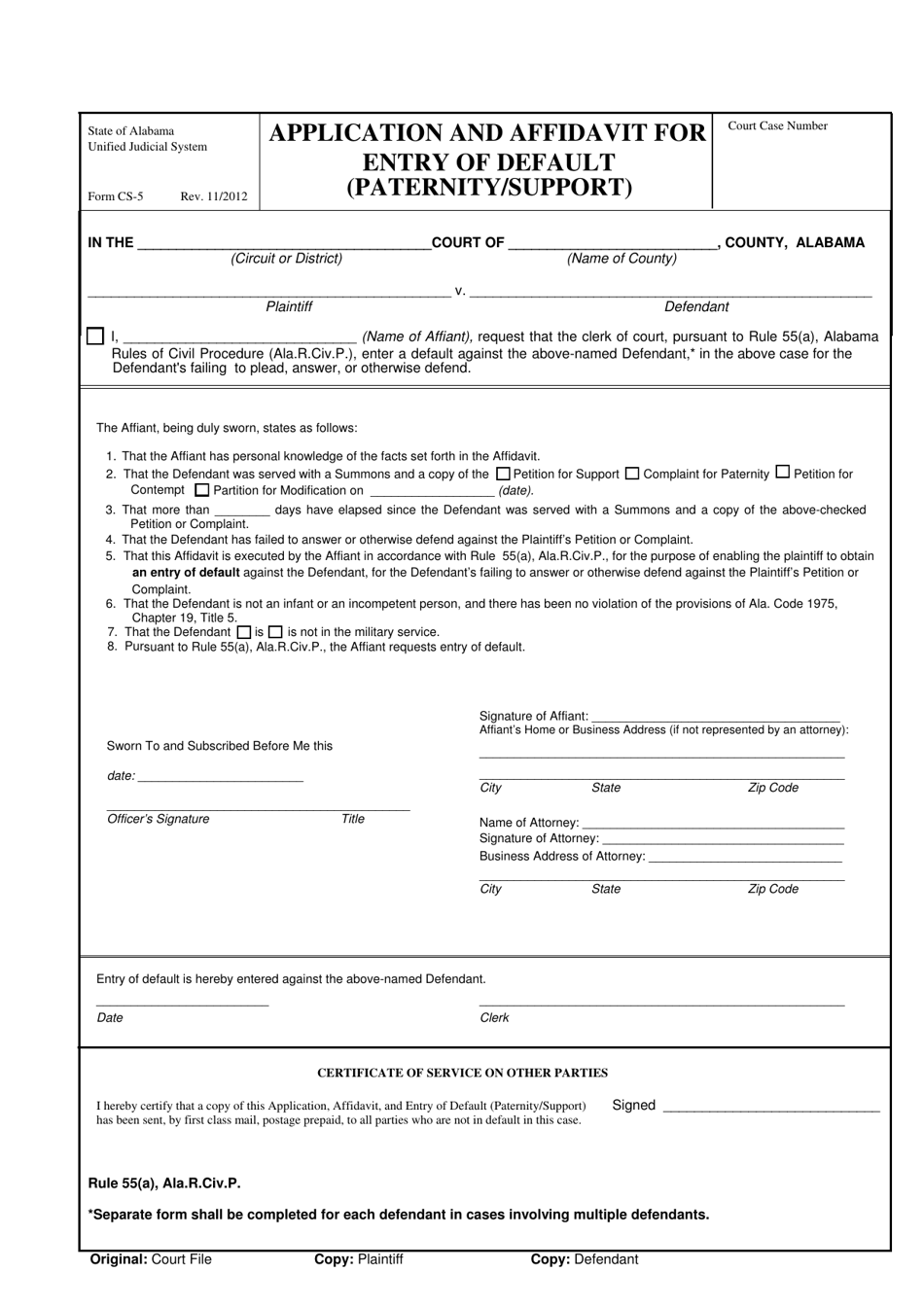 Form CS-05 Application and Affidavit for Entry of Default (Paternity / Support) - Alabama, Page 1