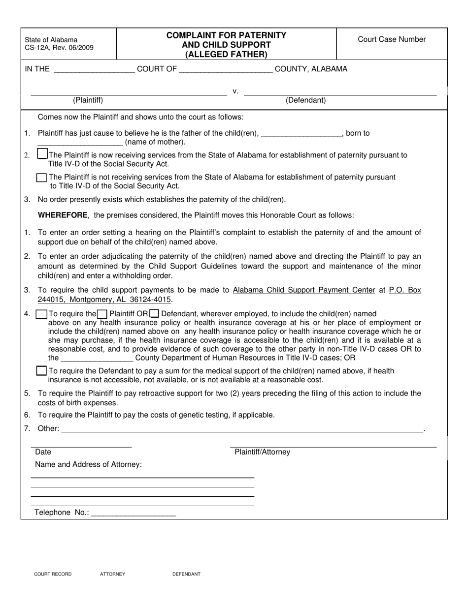 Form CS-12A Complaint for Paternity and Child Support (Alleged Father) - Alabama, Page 1