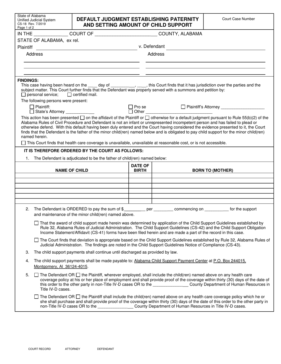 Form CS-18 Default Judgment Establishing Paternity and Setting Amount of Child Support - Alabama, Page 1