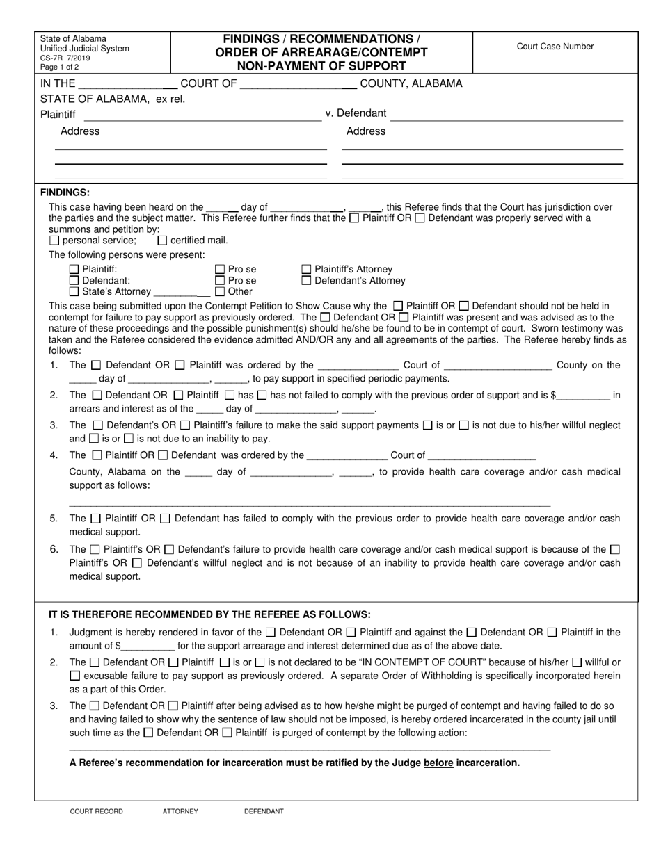 Form CS-7R Findings / Recommendations / Order of Arrearage / Contempt Non-payment of Support - Alabama, Page 1