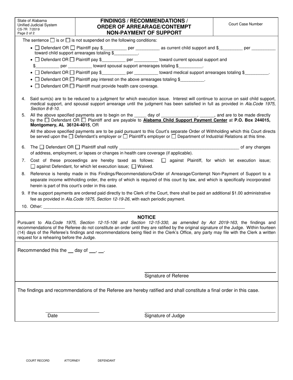 Form CS-7R Findings / Recommendations / Order of Arrearage / Contempt Non-payment of Support - Alabama, Page 2