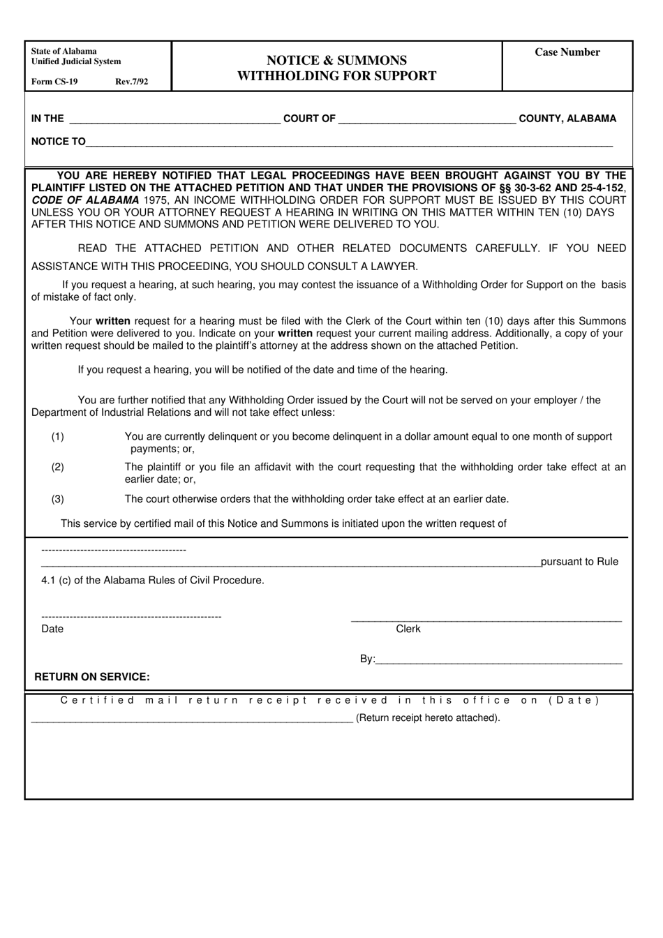 Form CS-19 Notice  Summons Withholding for Support - Alabama, Page 1