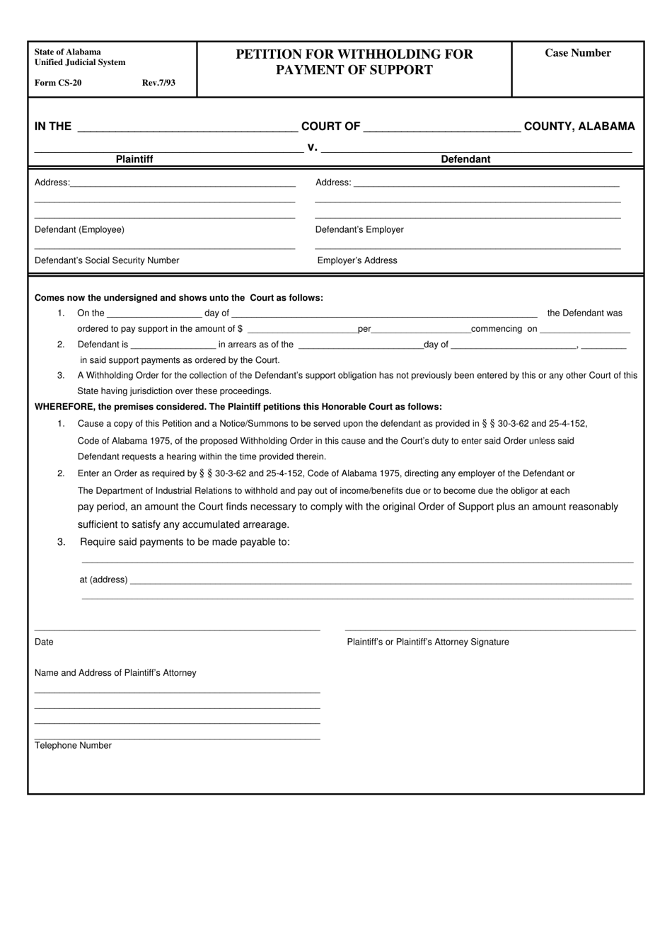 Form CS-20 Petition for Withholding for Payment of Support - Alabama, Page 1