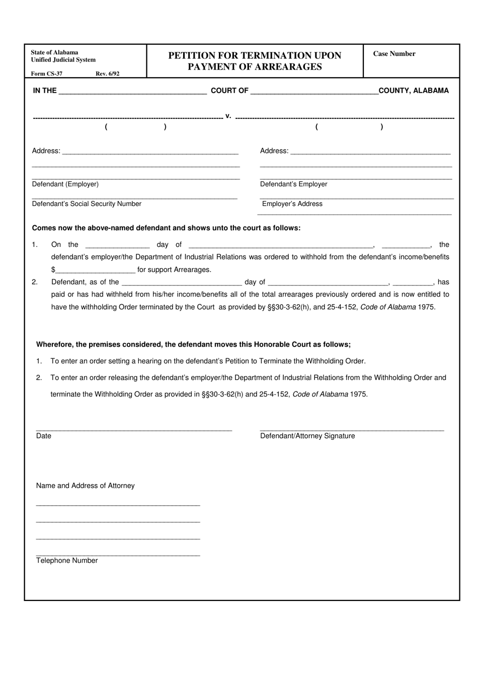 Form CS-37 Petition for Termination Upon Payment of Arrearages - Alabama, Page 1