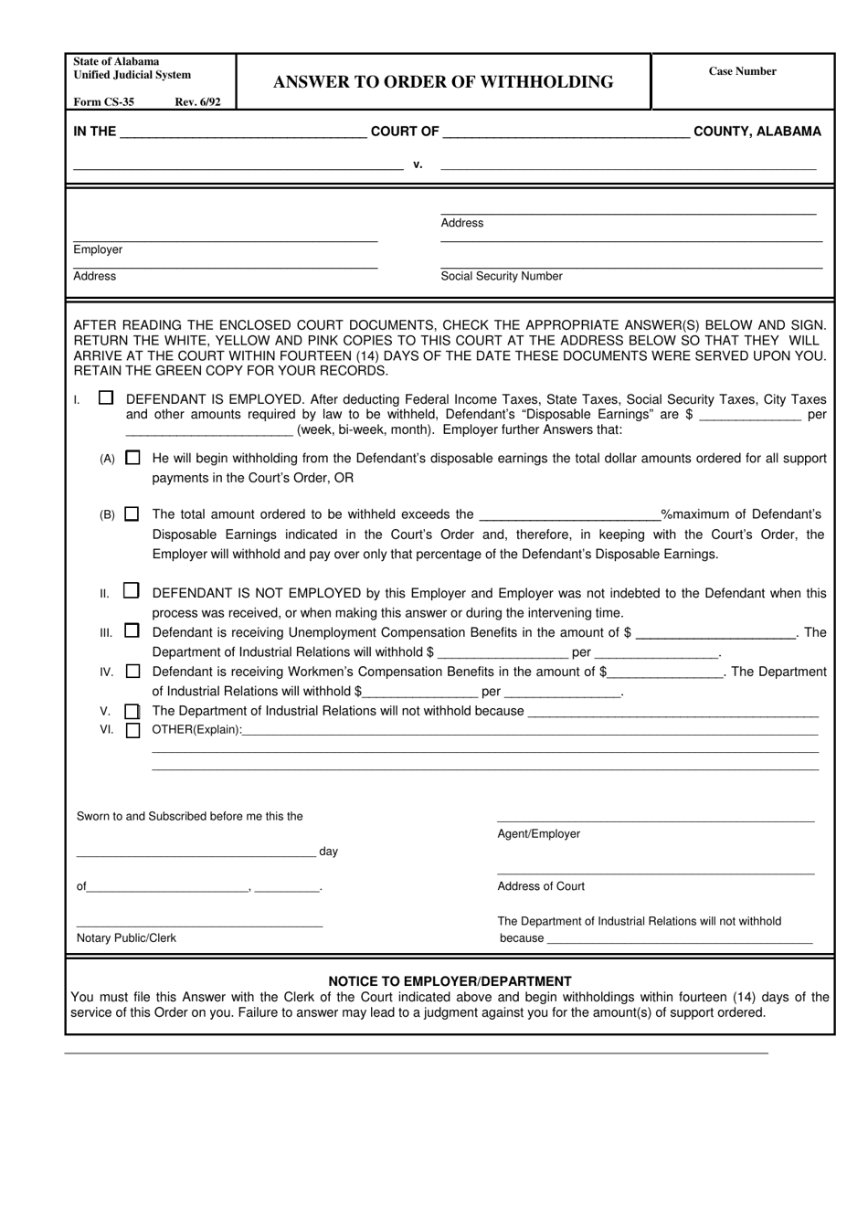 Form CS-35 Answer to Order of Withholding - Alabama, Page 1