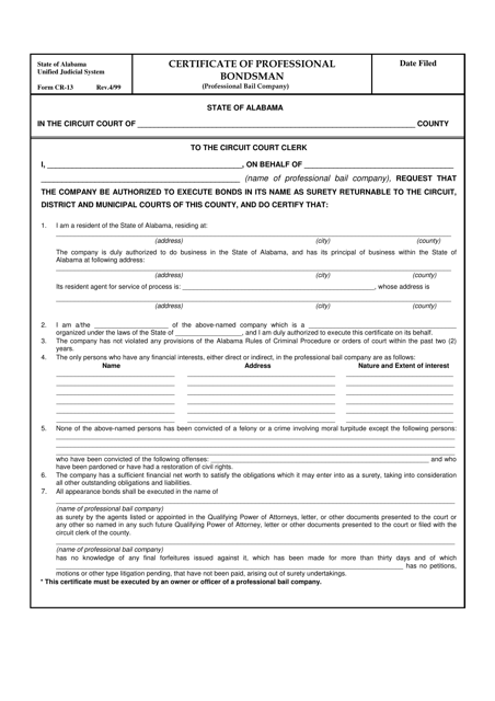 Form CR-13 Certificate of Professional Bondsman (Professional Bail Company) - Alabama
