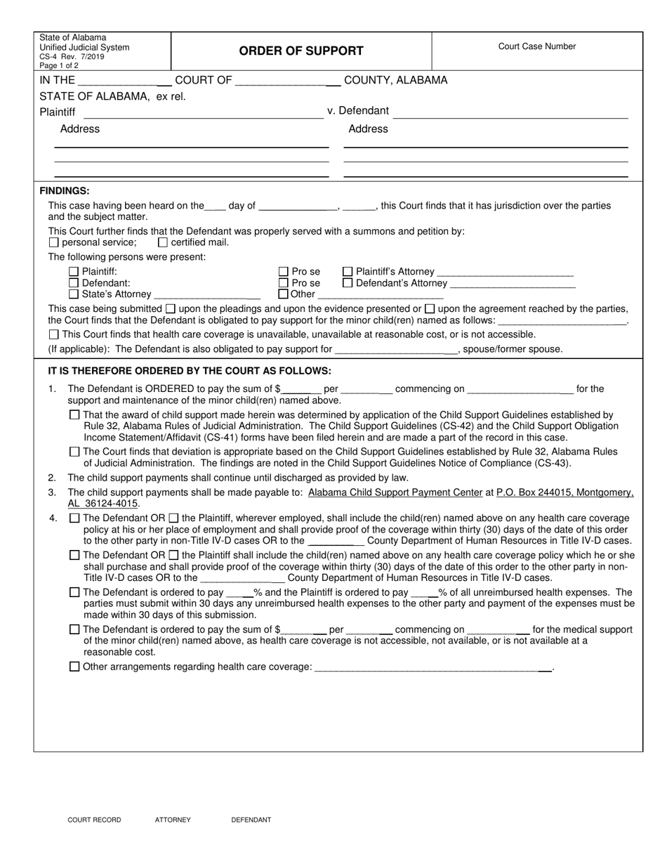 Form CS-4 Order of Support - Alabama, Page 1