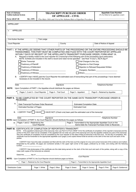 Form ARAP-1B Transcript Purchase Order of Appellee - Civil - Alabama