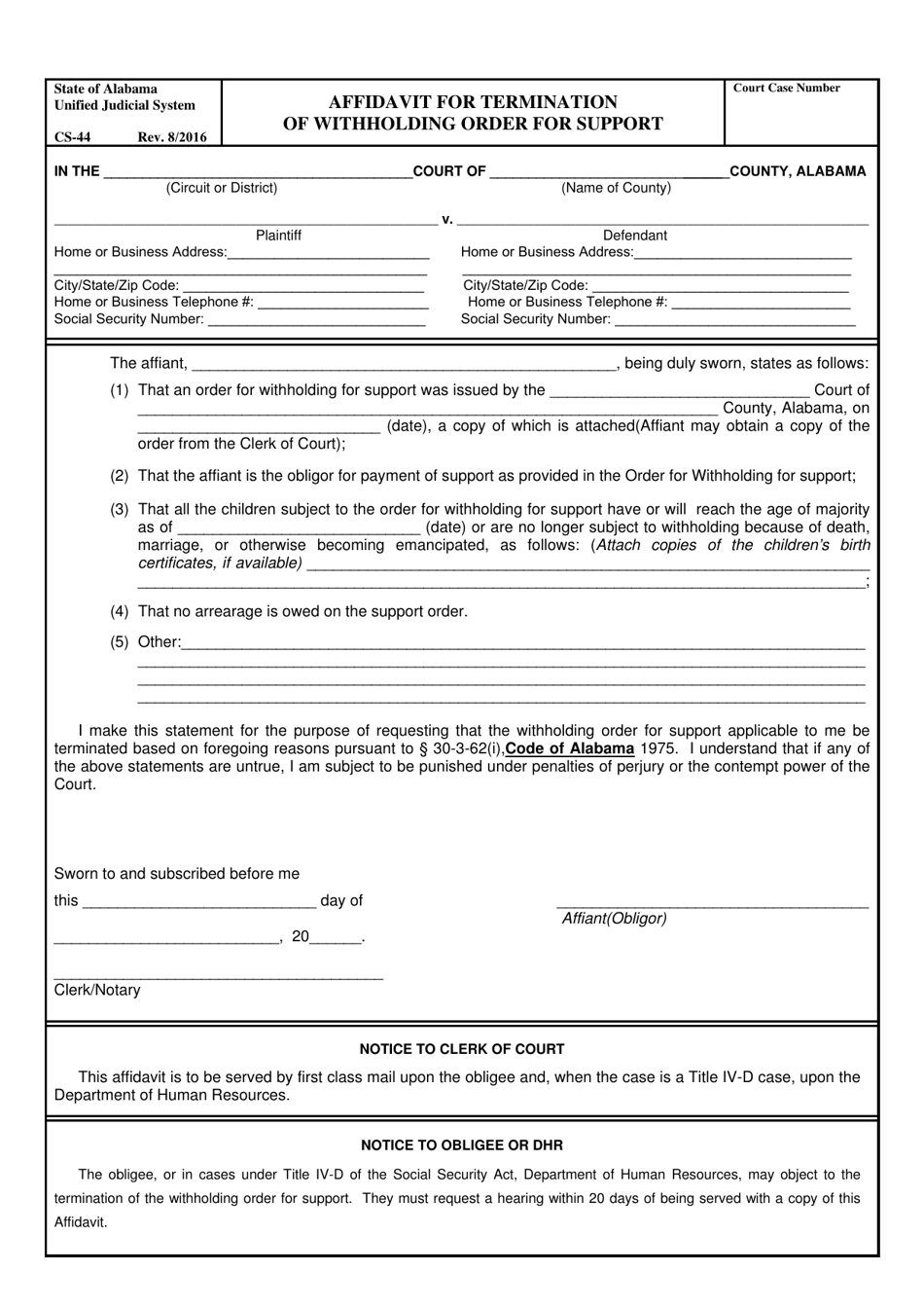 Form CS-44 - Fill Out, Sign Online and Download Fillable PDF, Alabama ...