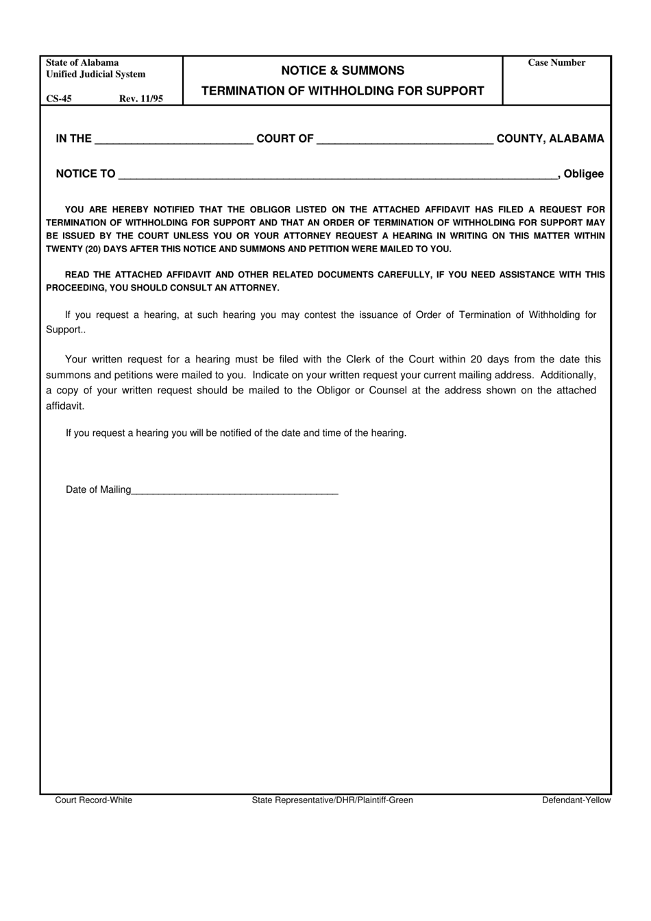 Form CS-45 Notice and Summons - Termination of Withholding for Support - Alabama, Page 1