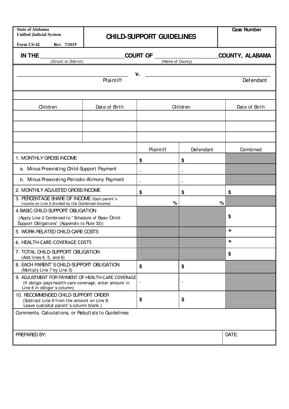 Form CS-42 Child-Support Guidelines - Alabama, Page 1