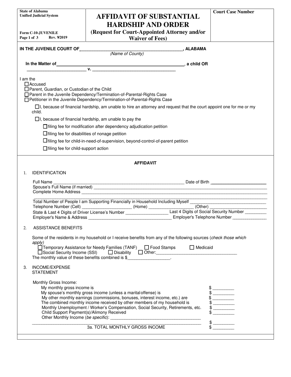 Form C-10-JUVENILE Affidavit of Substantial Hardship and Order (Request for Court-Appointed Attorney and / or Waiver of Fees) - Alabama, Page 1