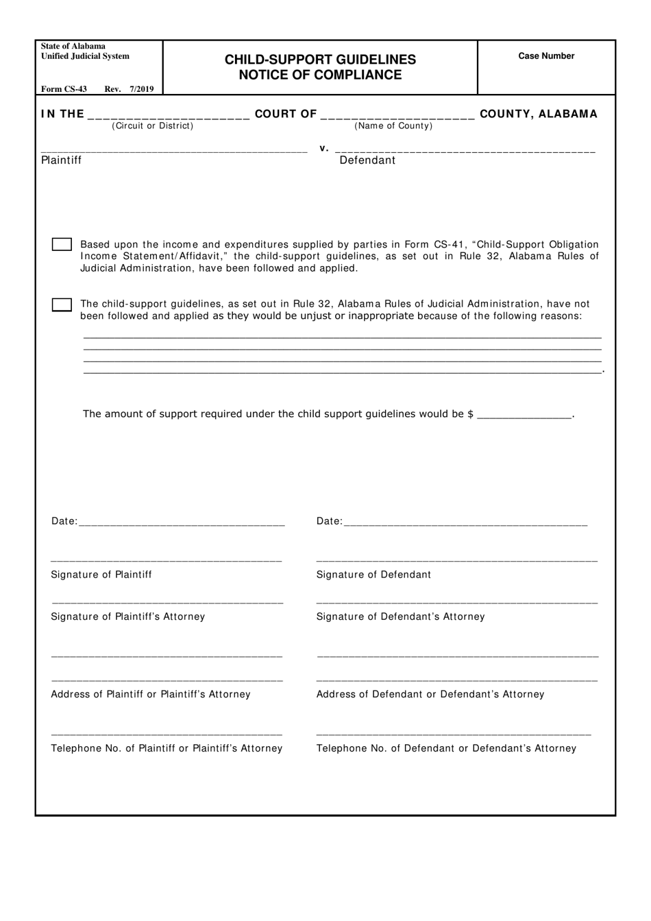 Form CS-43 Child-Support Guidelines Notice of Compliance - Alabama, Page 1
