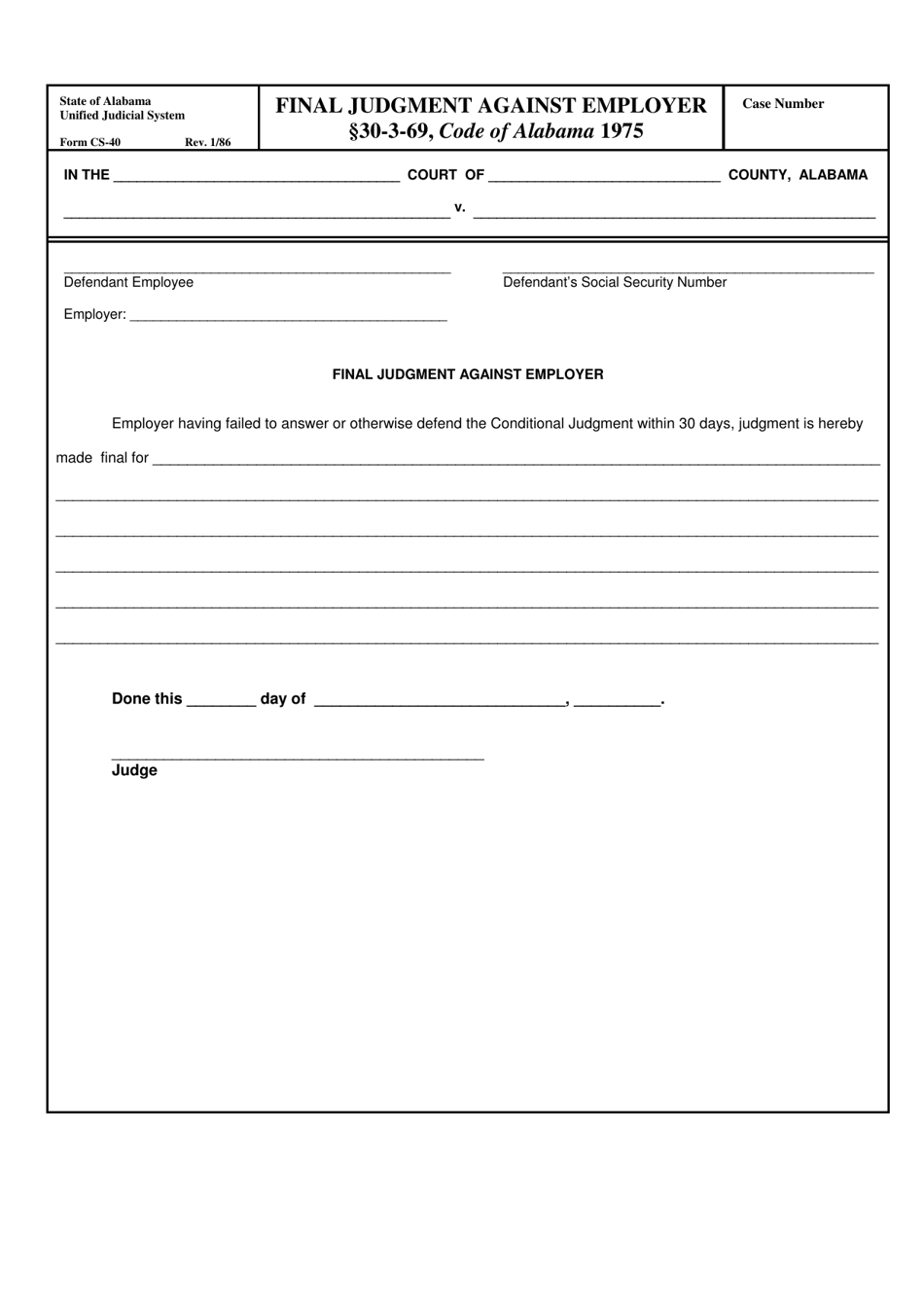 Form CS-40 Final Judgment Against Employer - Alabama, Page 1