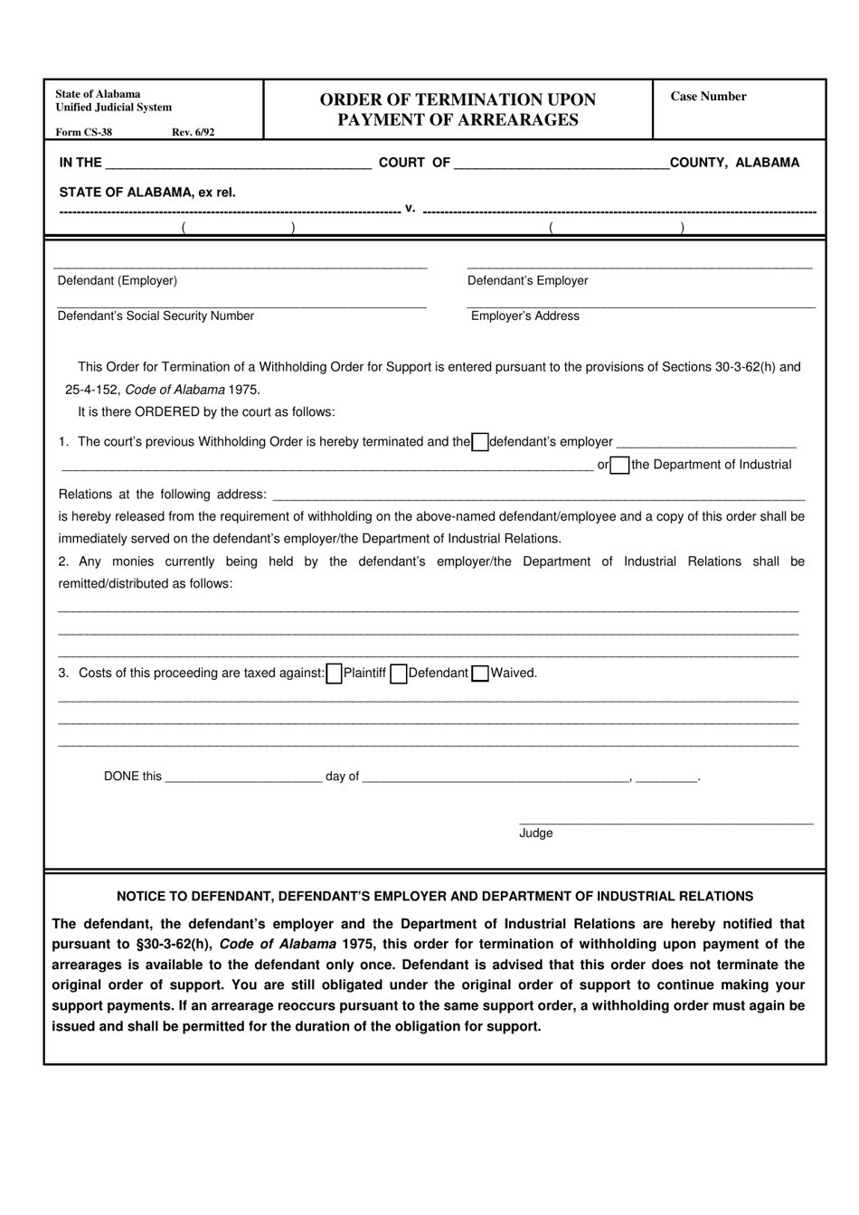 Form CS-38 Order of Termination Upon Payment of Arrearages - Alabama, Page 1