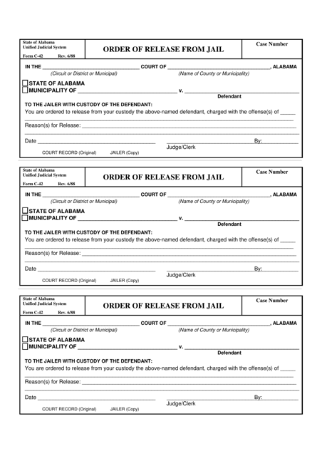 Form C-42 Order of Release From Jail - Alabama