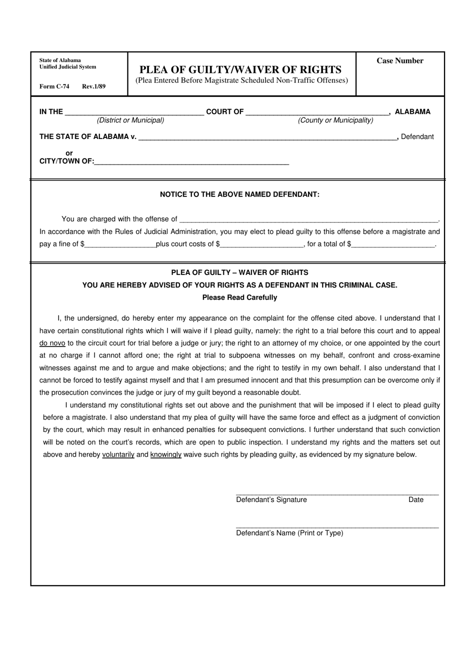 Form C-74 Plea of Guilty / Waiver of Rights - Alabama, Page 1