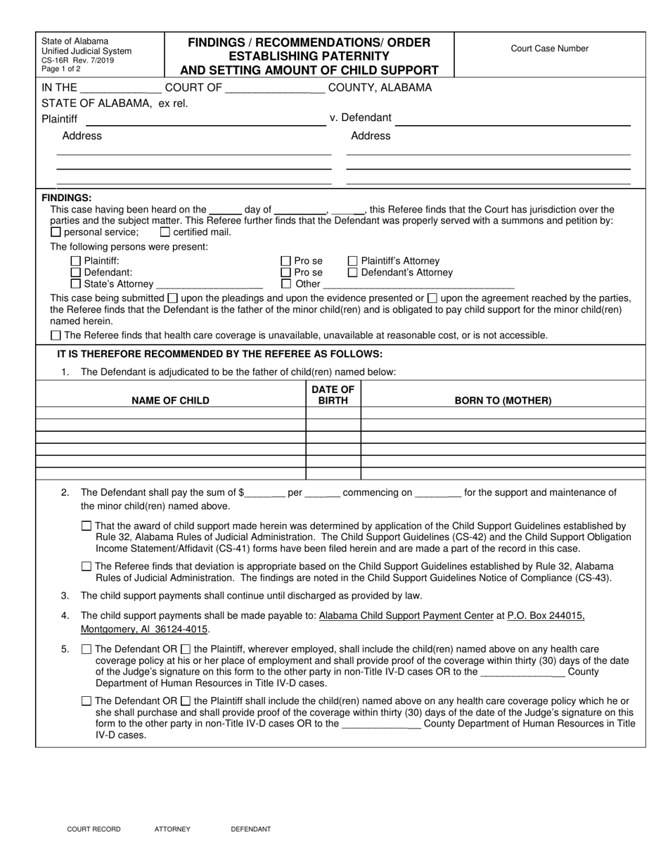 Form CS-16R Findings/Recommendations/Order Establishing Paternity and Setting Amount of Child Support - Alabama, Page 1