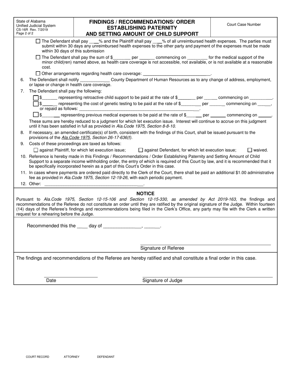 Form CS-16R Findings / Recommendations / Order Establishing Paternity and Setting Amount of Child Support - Alabama, Page 2