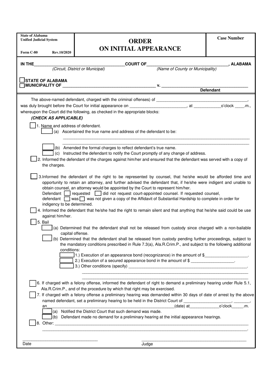 Form C-80 Order on Initial Appearance - Alabama, Page 1