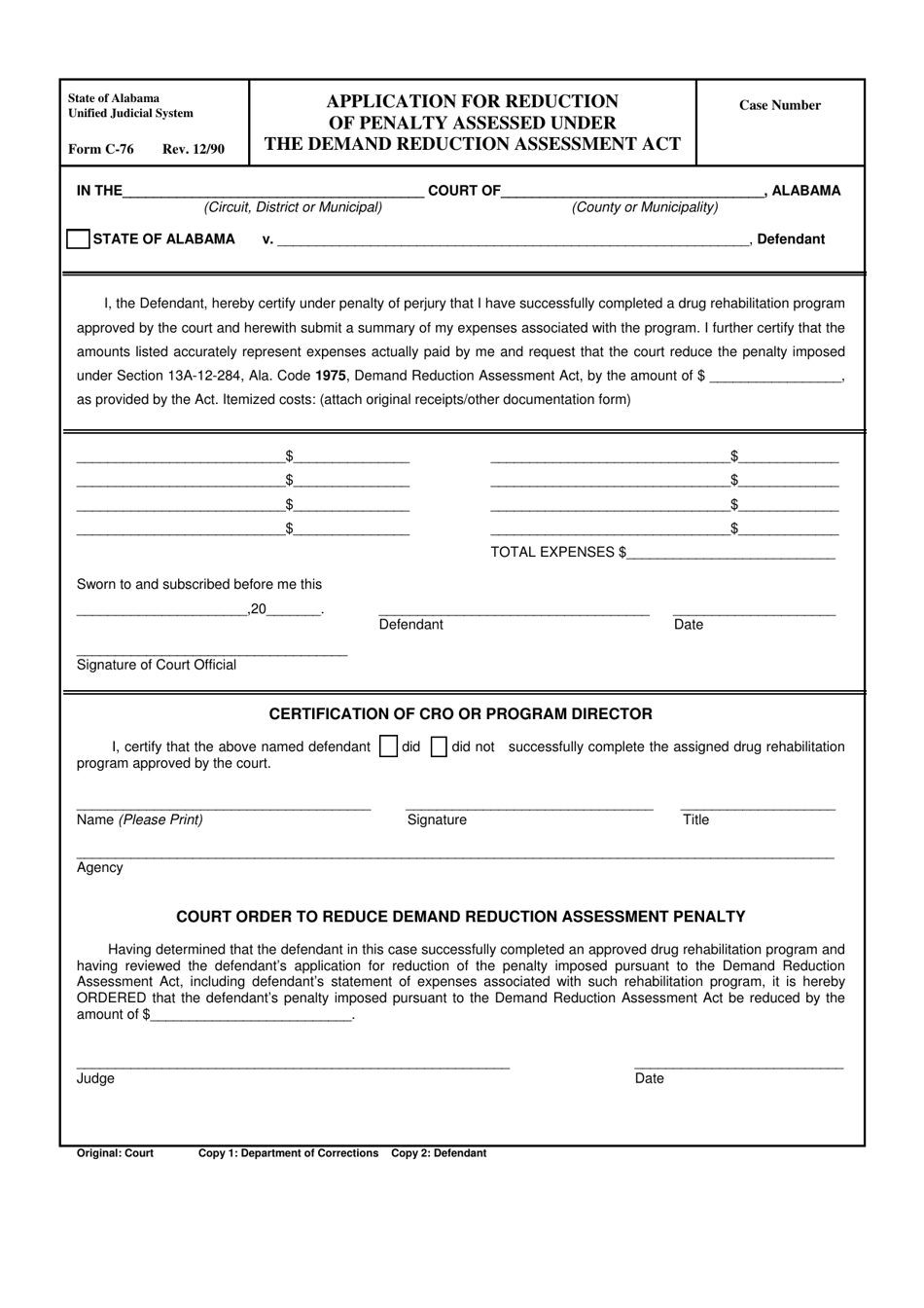 Form C-76 Application for Reduction of Penalty Assessed Under the Demand Reduction Assessment Act - Alabama, Page 1