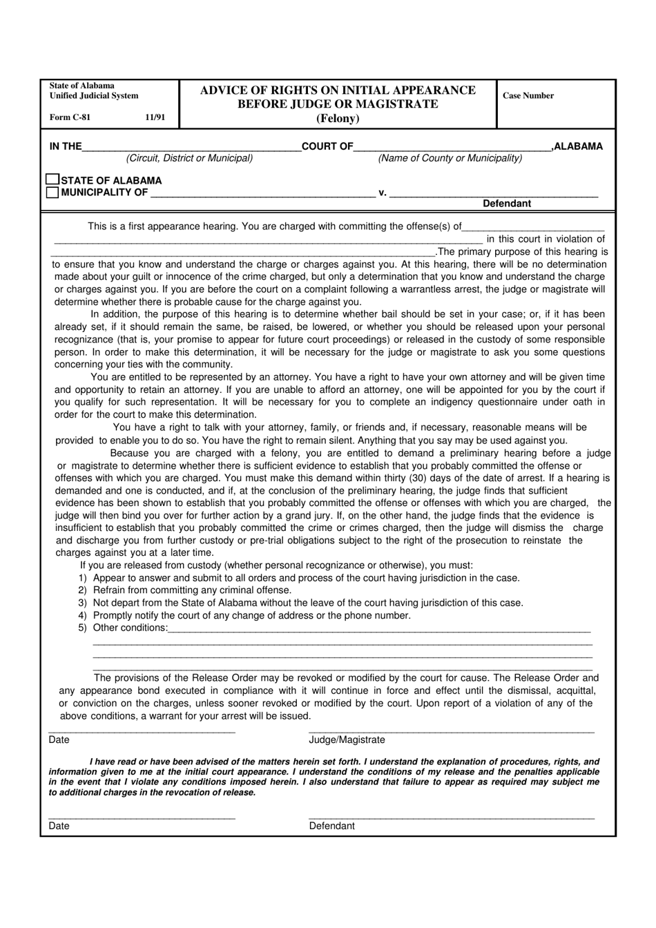 Form C-81 Advice of Rights on Initial Appearance Before Judge or Magistrate (Felony) - Alabama, Page 1